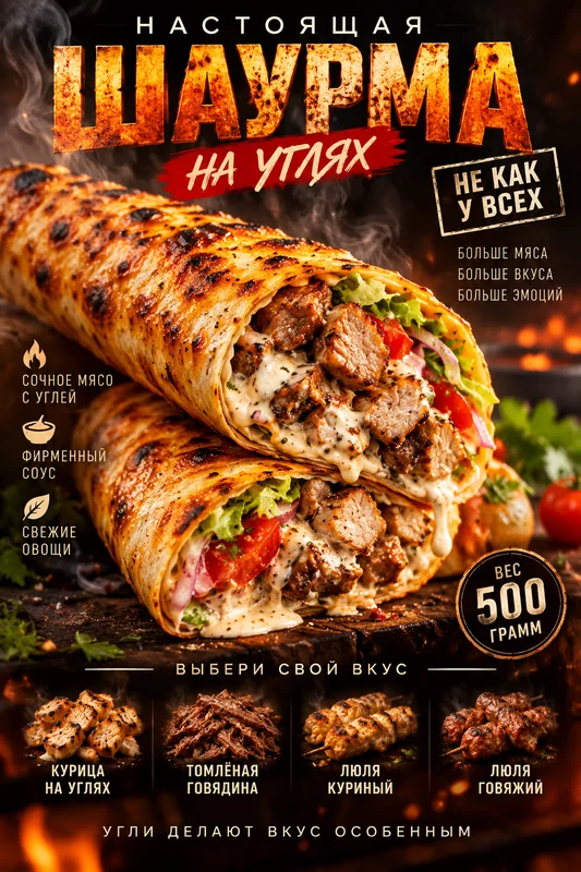 Шаурма на мангале с люля-кебаб из говядины
